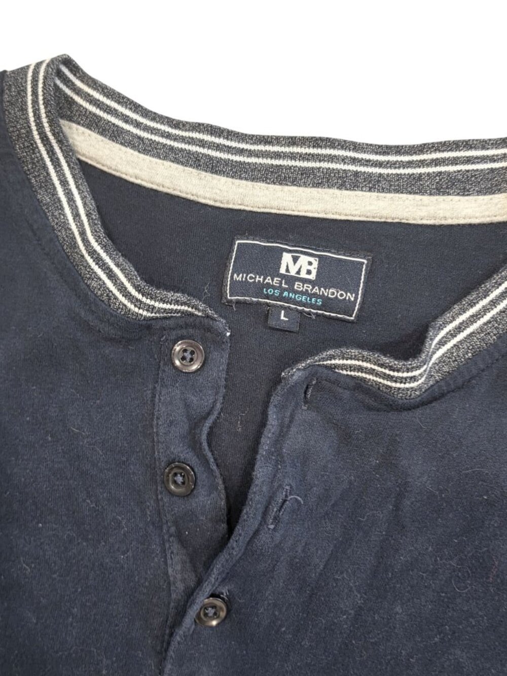 Michael Brandon Mens Navy Blue Henley Shirt With Striped Trim Size L - Picture 3 of 4